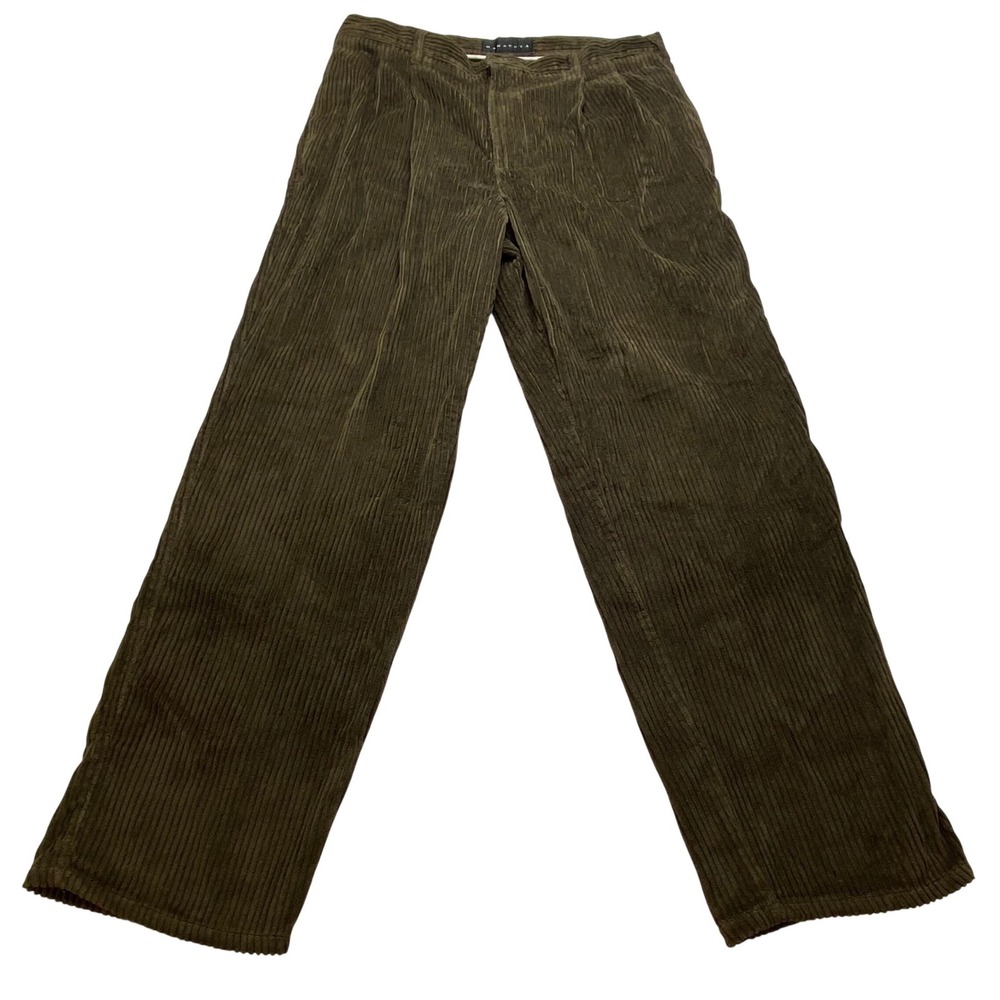 Baracuta Mens‎ 38x34 Wide Wale Corduroy Pleated Pants Brown Olive Straight Leg